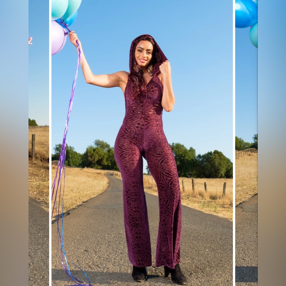 Warrior Within Designs Purple Velvet Jumpsuit Festival Hooded Onesie XS